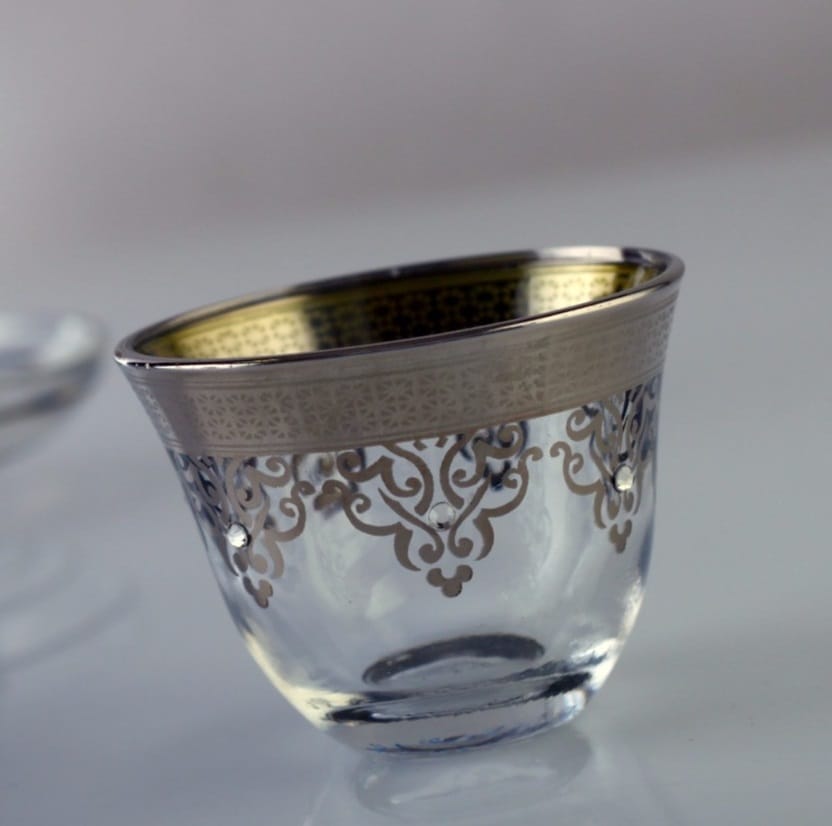 White Gold Plated Glass Arabic CoffeeMirra Cups For Six Person