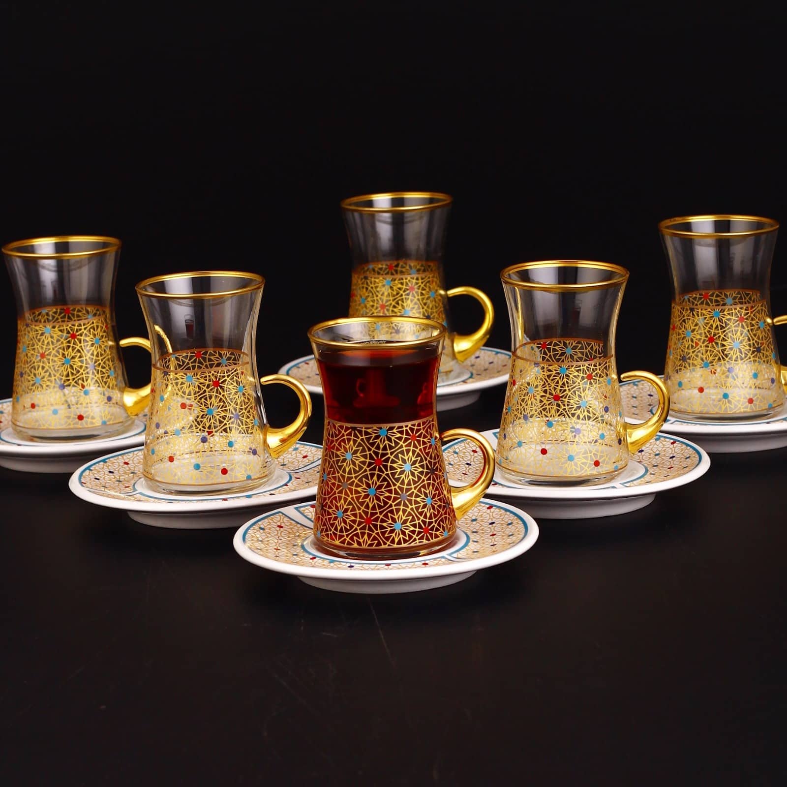 Colorfull Thin Waist Turkish Tea Set With Porcelain Saucers