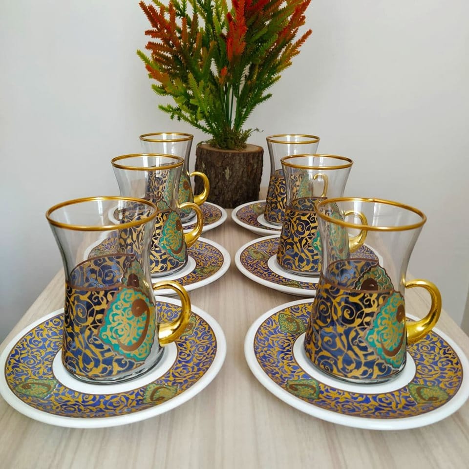 12 Pcs Vav Pattern Gold Color Turkish Tea Set With Holder