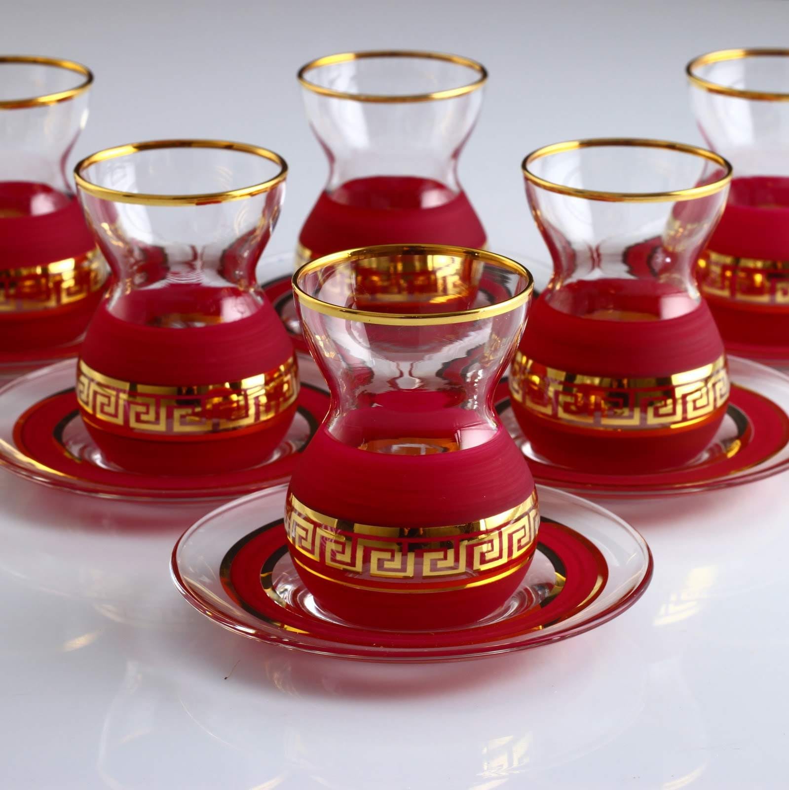 12 Pcs Organic Dyed Red Color Turkish Tea Set