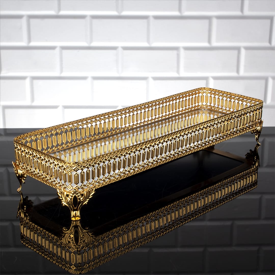 Gold Color Long Pearl Design Mirror Tray