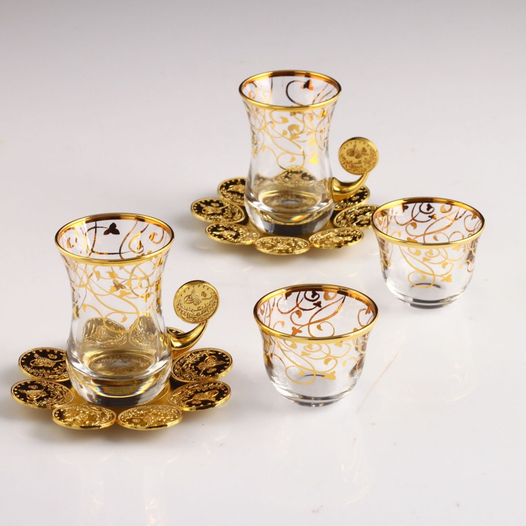 Excellent Quality Gold Plated Premium Turkish Tea Set for 6 Made in Turkey and Total 18 Pieced Set Gold Color